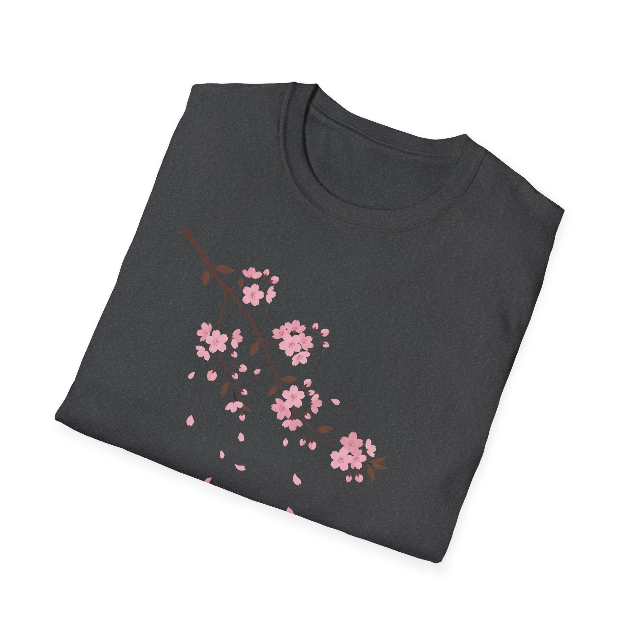 Cherry Blossom Branch T-Shirt (dunkelgrau) mit rosafarbenem Kirschblütenzweig-Print
