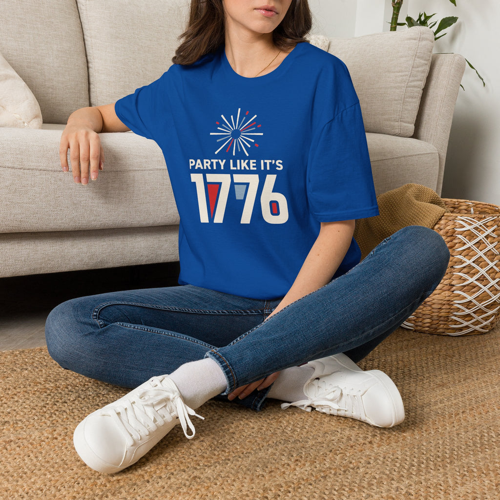 Royal blue crewneck T-shirt with firework burst and “1776” graphic
