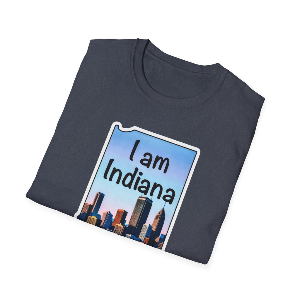 I am Indiana T‑Shirt, dunkel meliert, Frontaufdruck mit Stadt-Skyline und Schriftzug