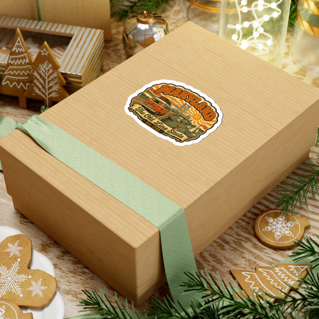 Maryland retro van and bridge sticker on wooden gift box, Old Line State Est. 1788