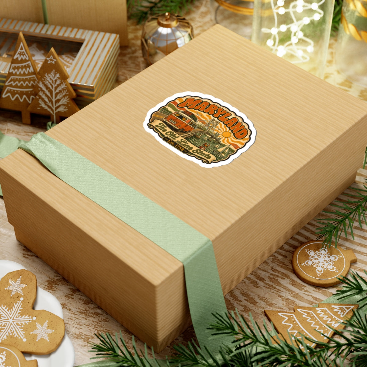Maryland retro van and bridge sticker on wooden gift box, Old Line State Est. 1788