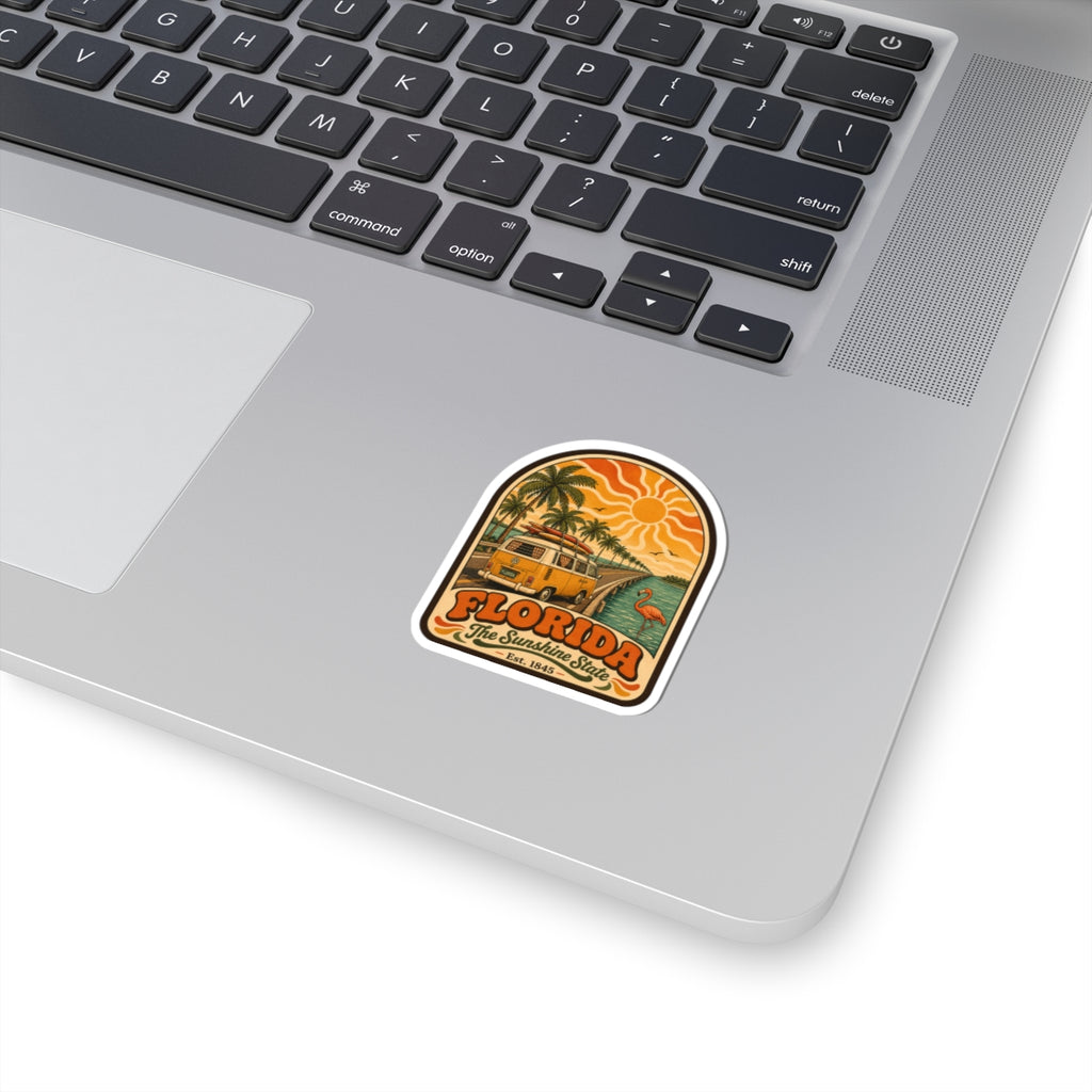 Florida retro sticker decal with palm trees, flamingo, and surf bus design