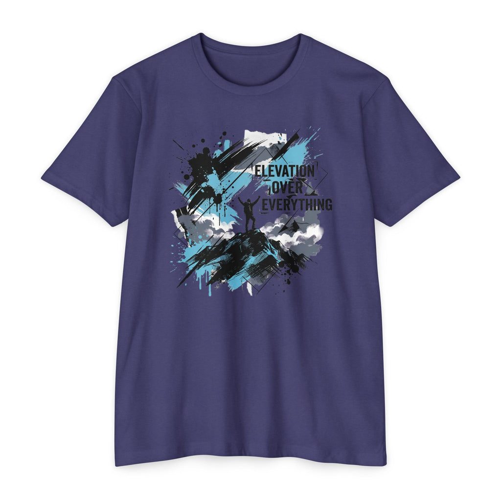 Purple crewneck T-shirt with blue/black splatter mountain graphic and text "ELEVATION OVER EVERYTHING"