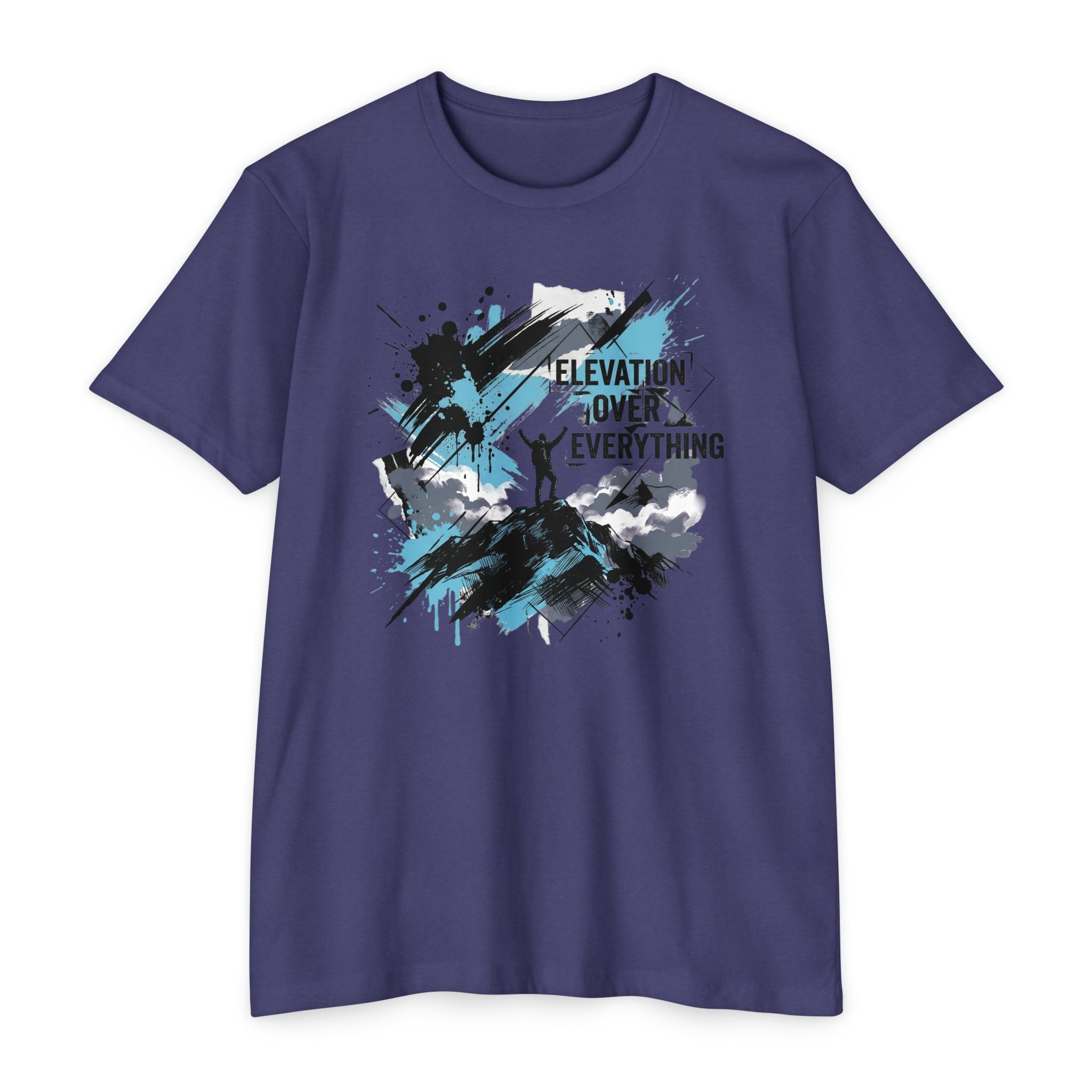Purple crewneck T-shirt with blue/black splatter mountain graphic and text "ELEVATION OVER EVERYTHING"