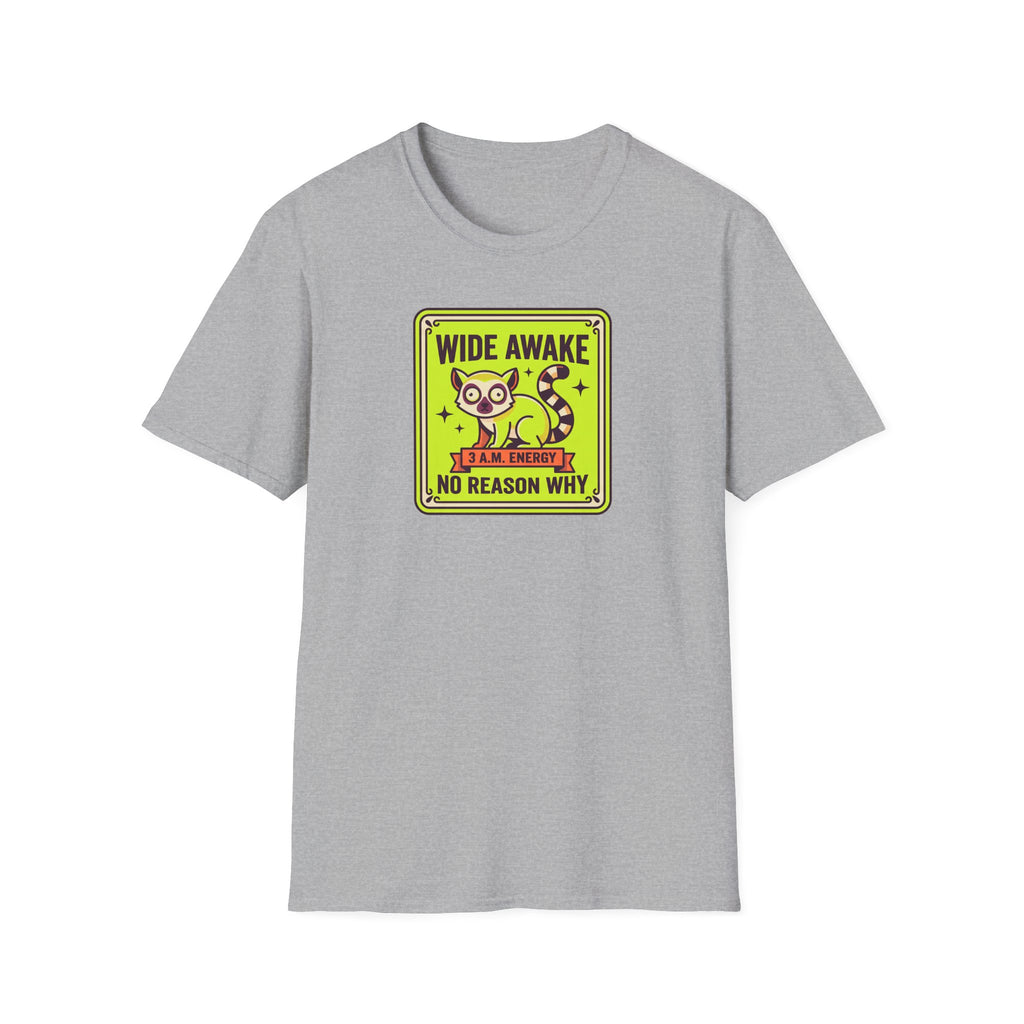 Heather gray crewneck t-shirt with cat caffeine night owl graphic on chest