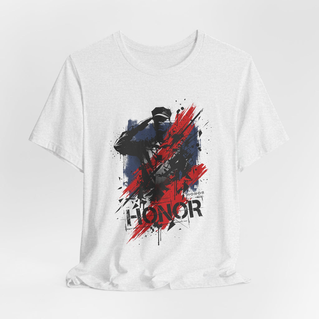 White T-shirt with front graphic of a soldier silhouette and red-blue paint splatter