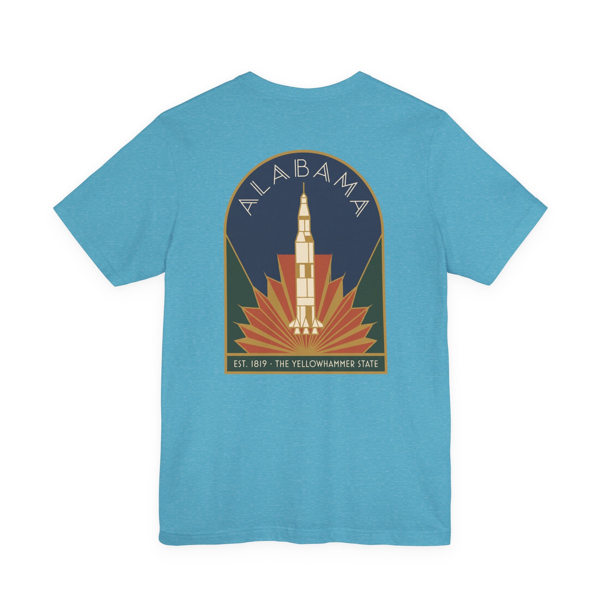 Blue T-shirt with centered retro rocket graphic and Alabama crest circle