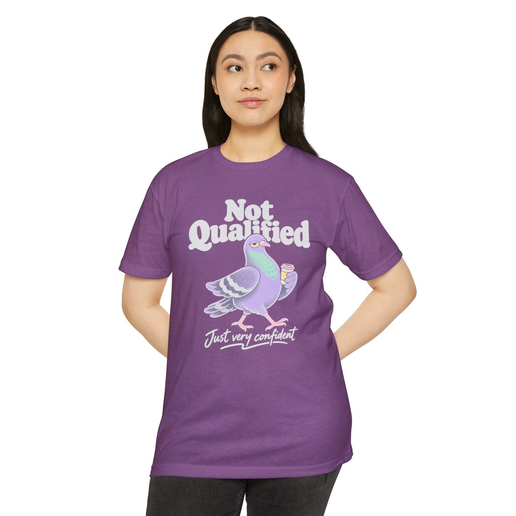 Purple crew-neck T-shirt with "Not Qualified" pigeon graphic