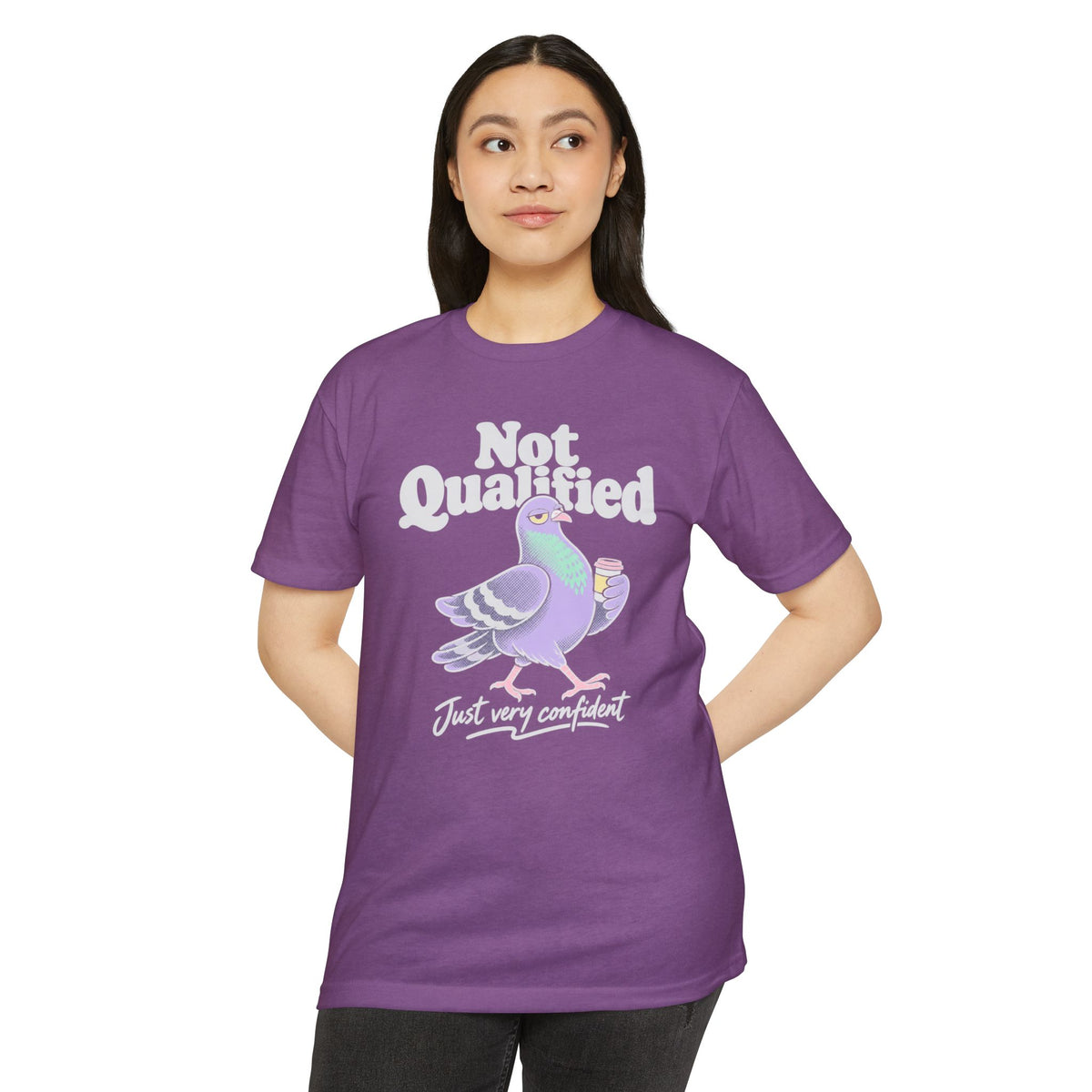 Purple crew-neck T-shirt with "Not Qualified" pigeon graphic