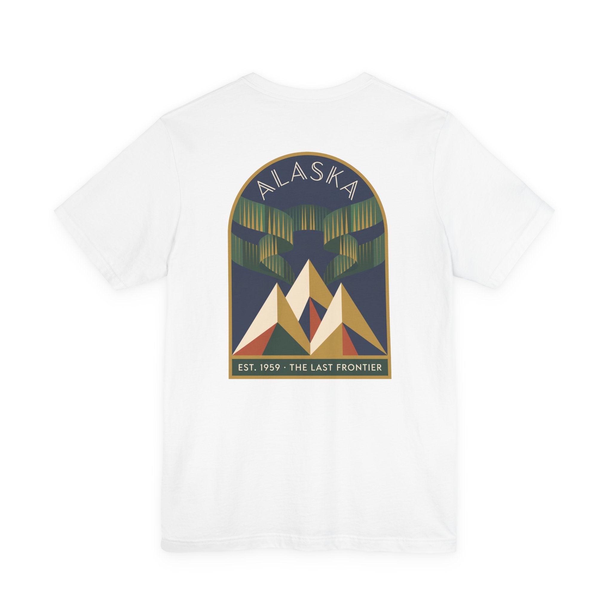 White graphic T-shirt with Alaska aurora badge and mountain design