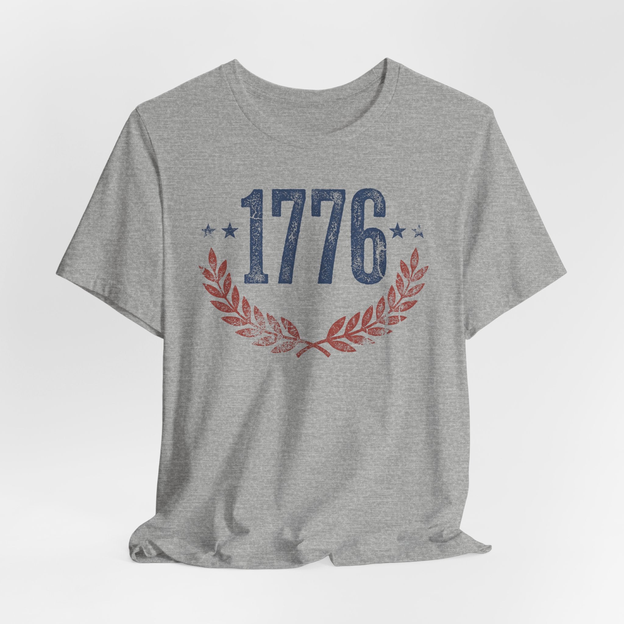 Dark grey heather T-shirt with centered 1776 graphic and laurel wreath print