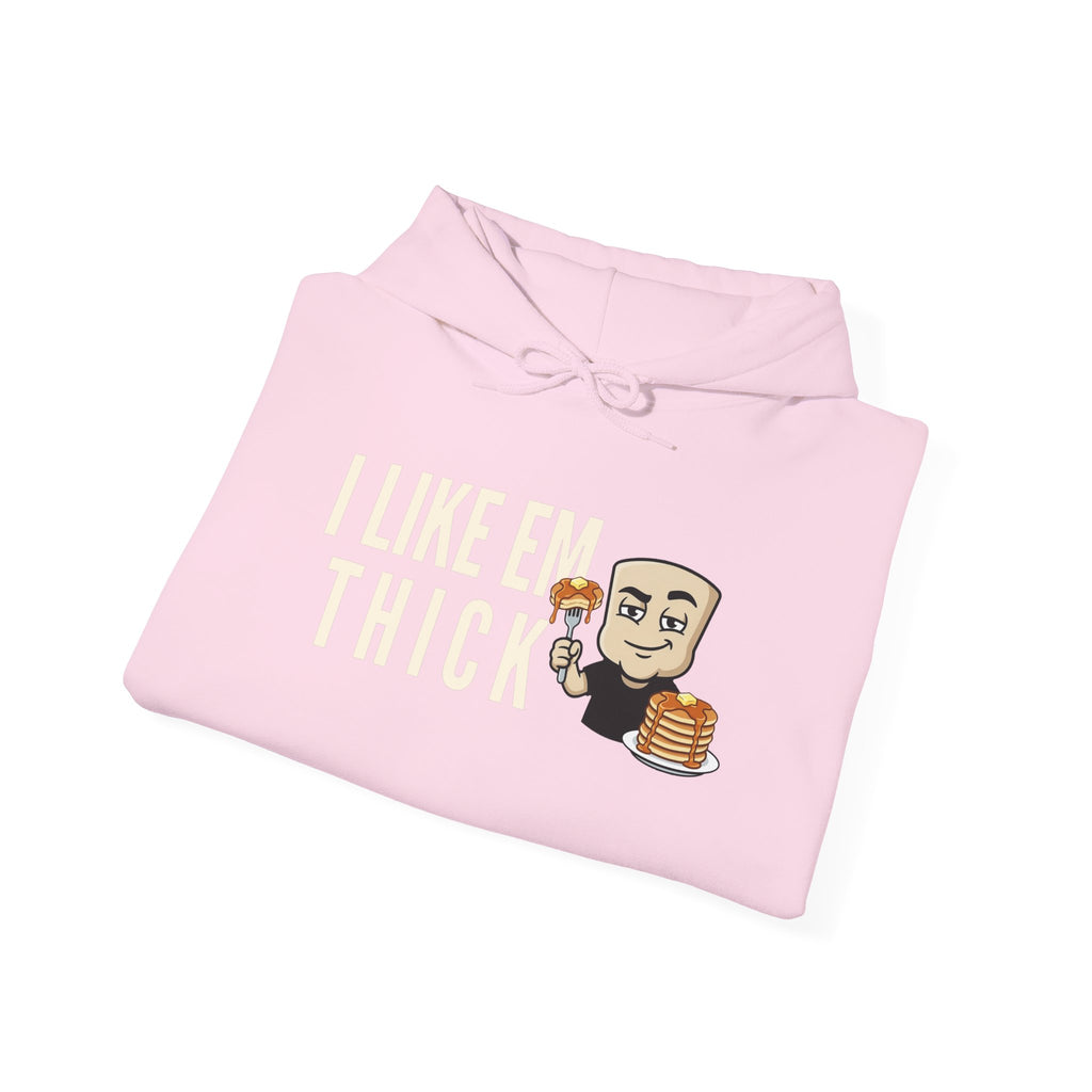 Light pink pullover hoodie with 'I Like Em Thick' pancake graphic on front