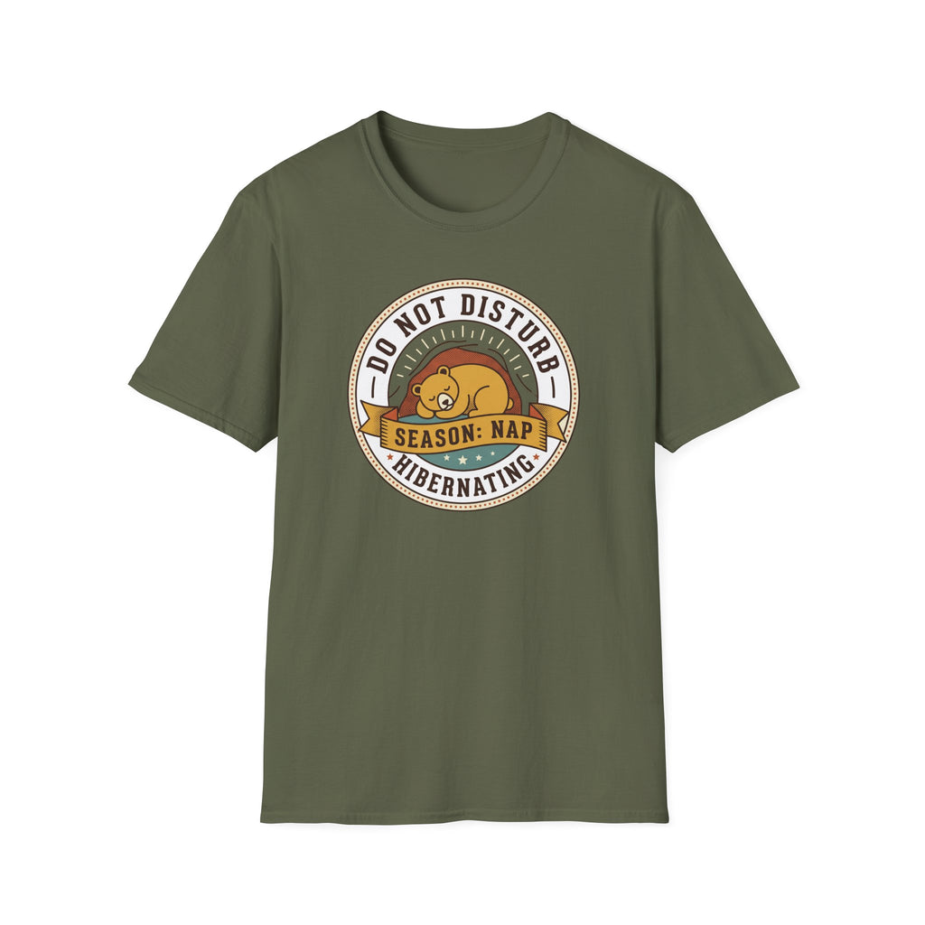 Olive green nap T-shirt with circular bear sleep graphic on chest