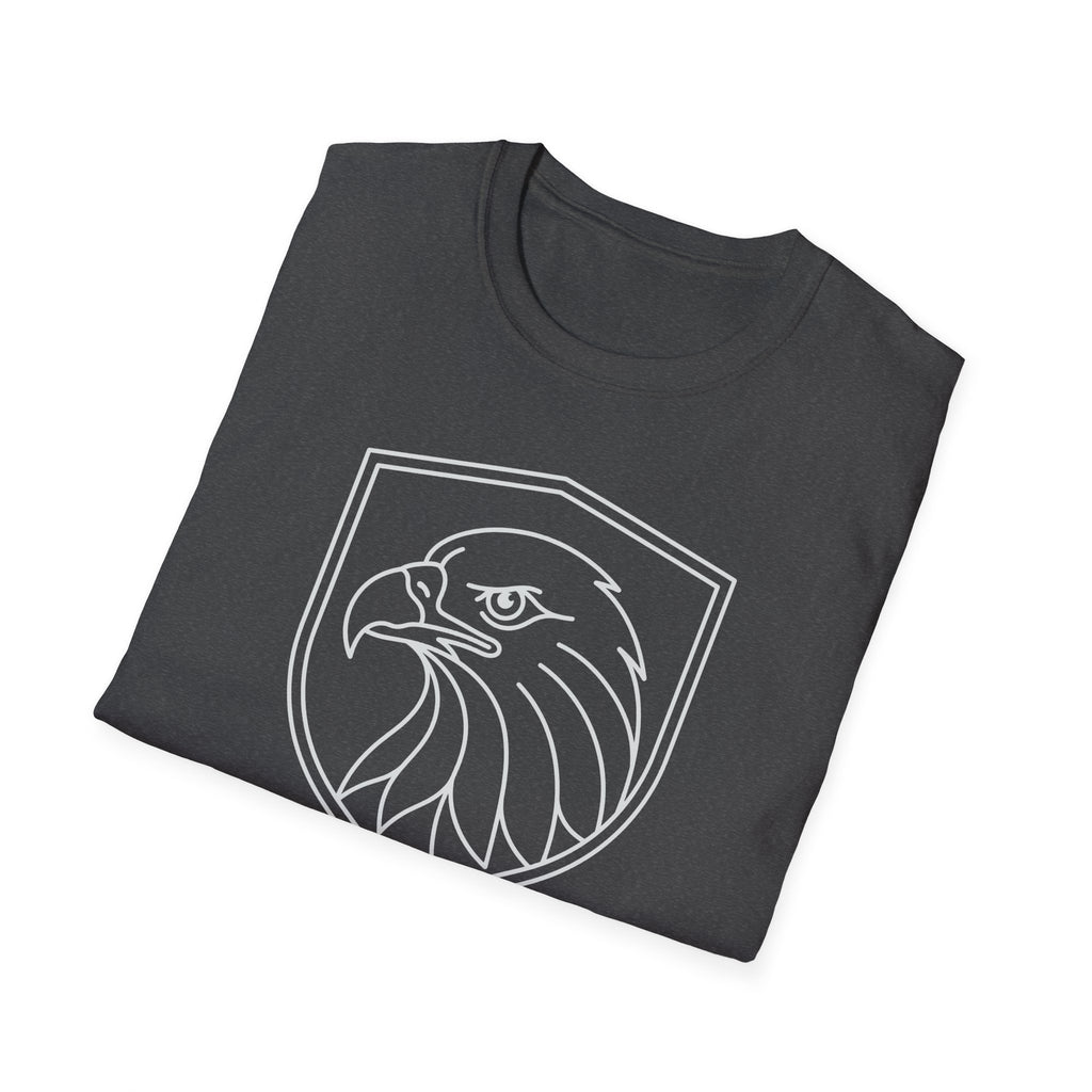 Dark gray graphic t-shirt with bald eagle head shield outline print
