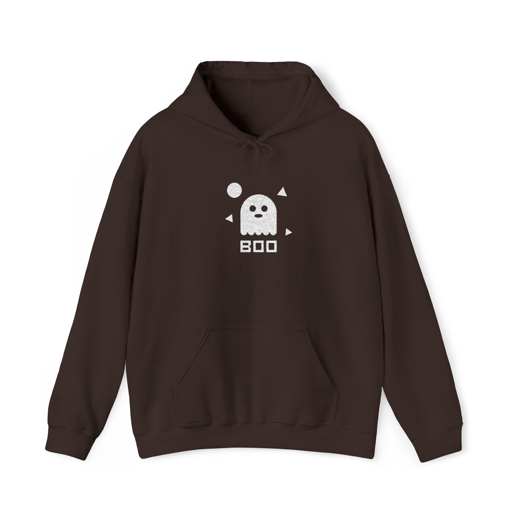 Dark brown hoodie with white ghost graphic and BOO text, front pocket and hood.