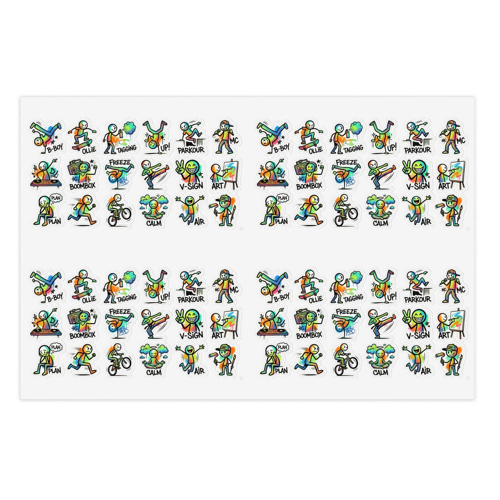 Cute character sticker sheet with colorful action icons and green accents