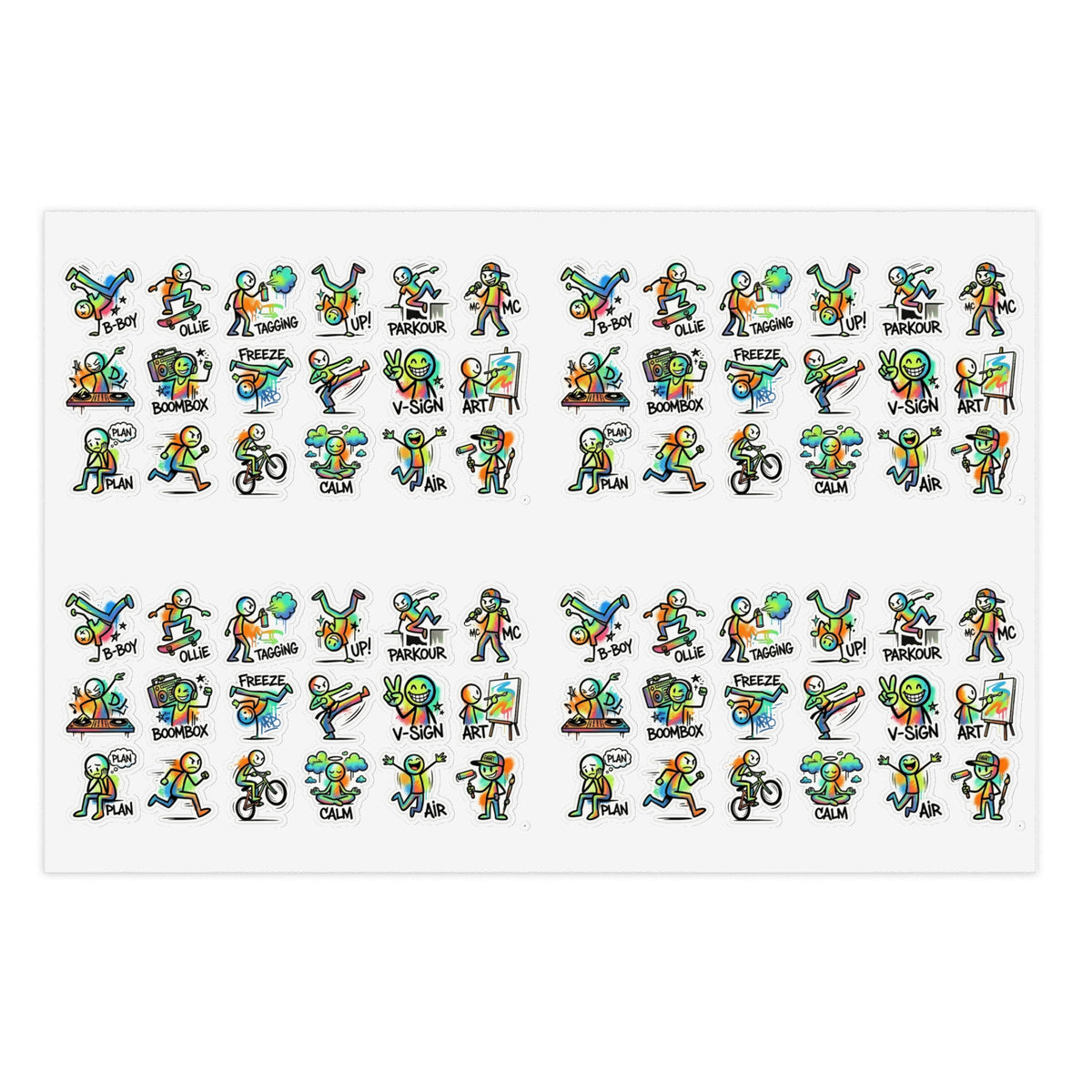 Cute character sticker sheet with colorful action icons and green accents
