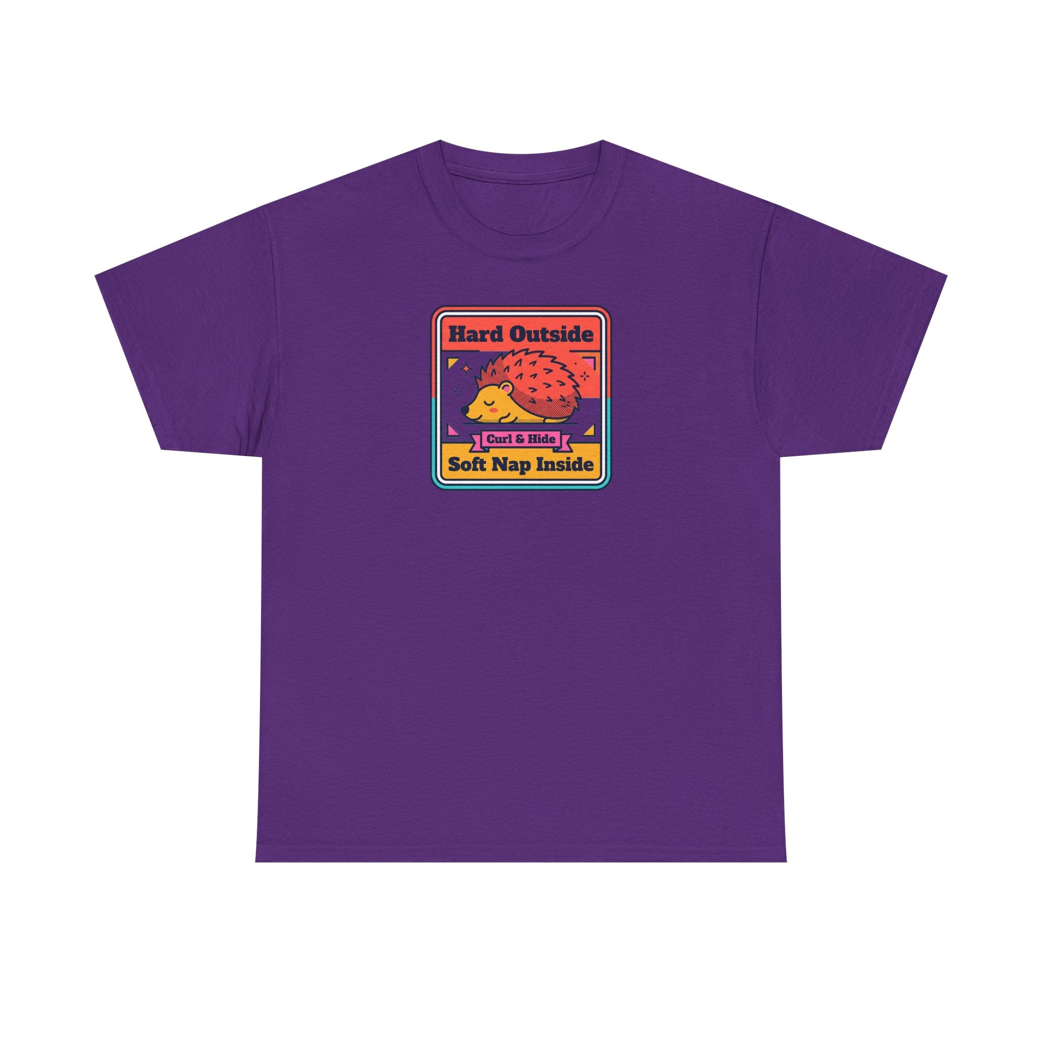 Purple T-shirt with colorful hedgehog graphic and “Hard Outside Soft Nap Inside” text