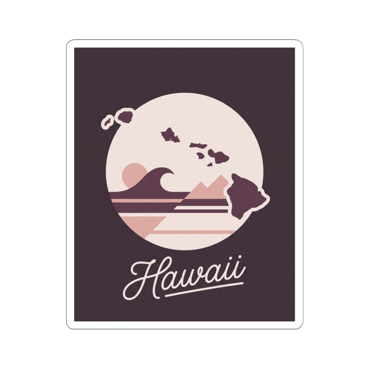 Mauve Hawaii silhouette vinyl decal with surf-stripe circle design and “Hawaii” wordmark