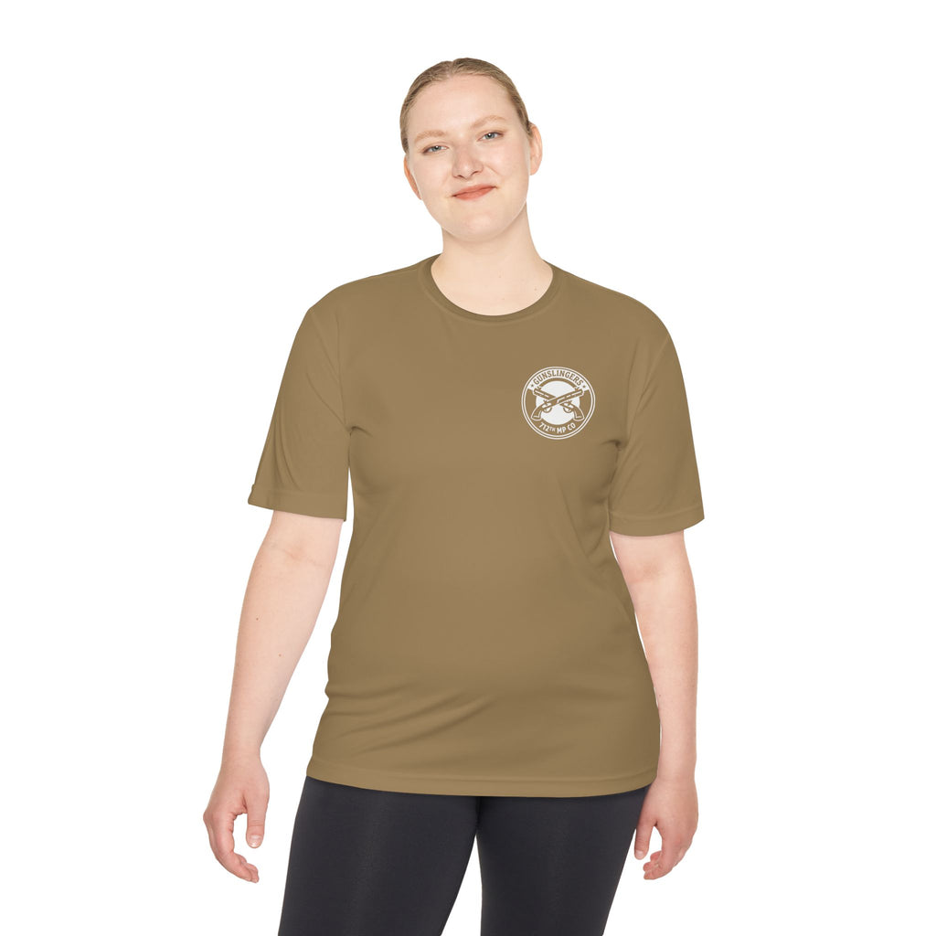 Coyote brown T-shirt with circular chest emblem, front view