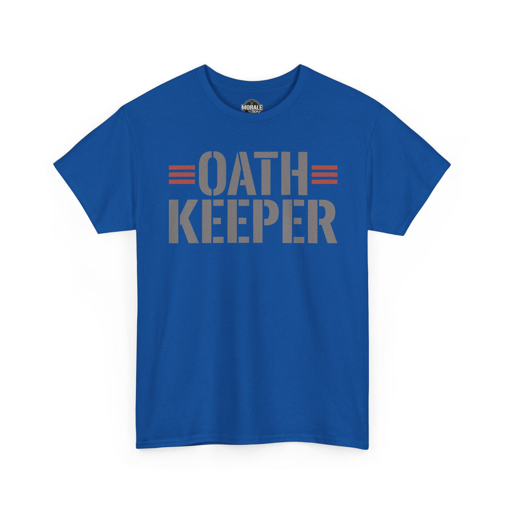 Oath Keeper T-shirt in royal blue with OATH KEEPER patriotic graphic, crew neck