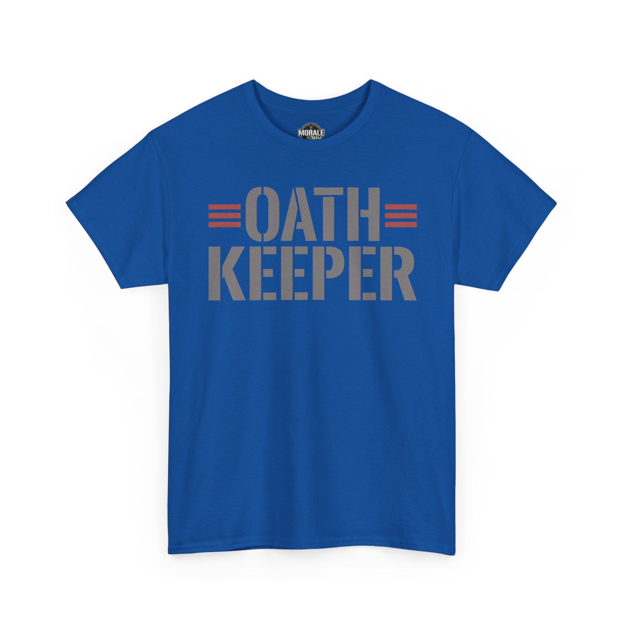 Oath Keeper T-shirt in royal blue with OATH KEEPER patriotic graphic, crew neck