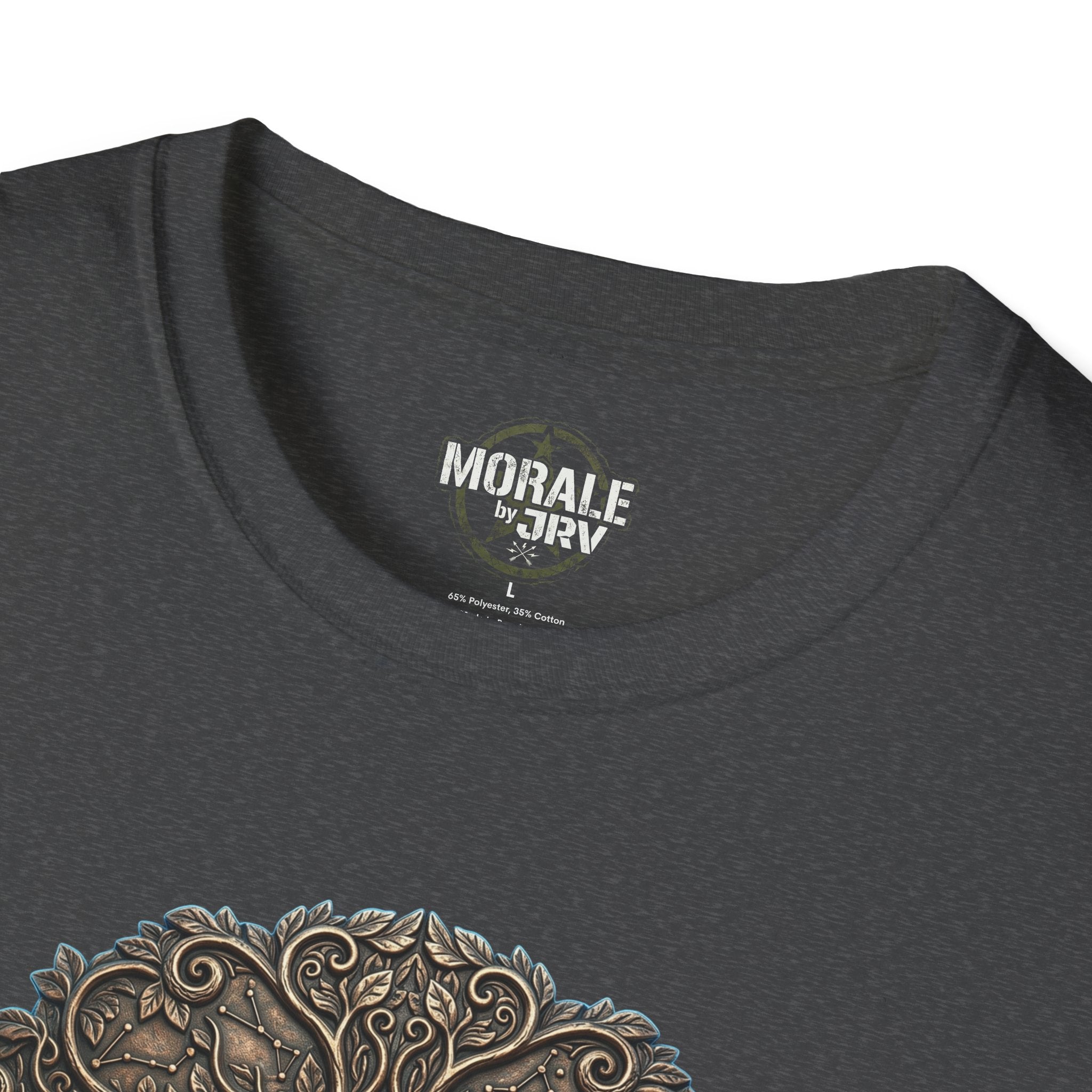 Dark heather T-shirt neckline with small logo patch