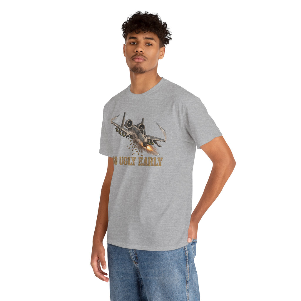Heather gray crew-neck T-shirt worn by male model, jet graphic on front
