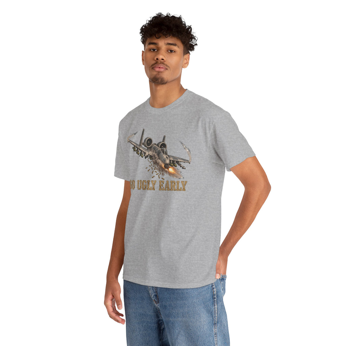 Heather gray crew-neck T-shirt worn by male model, jet graphic on front