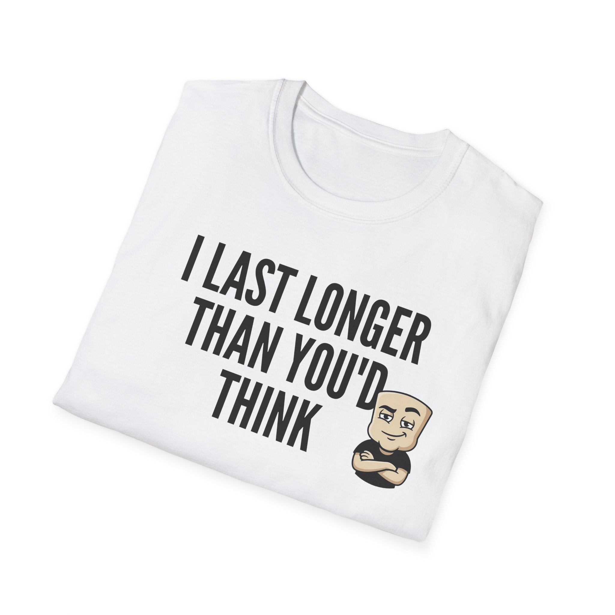 White adult T-shirt with bold quote print and small cartoon face graphic