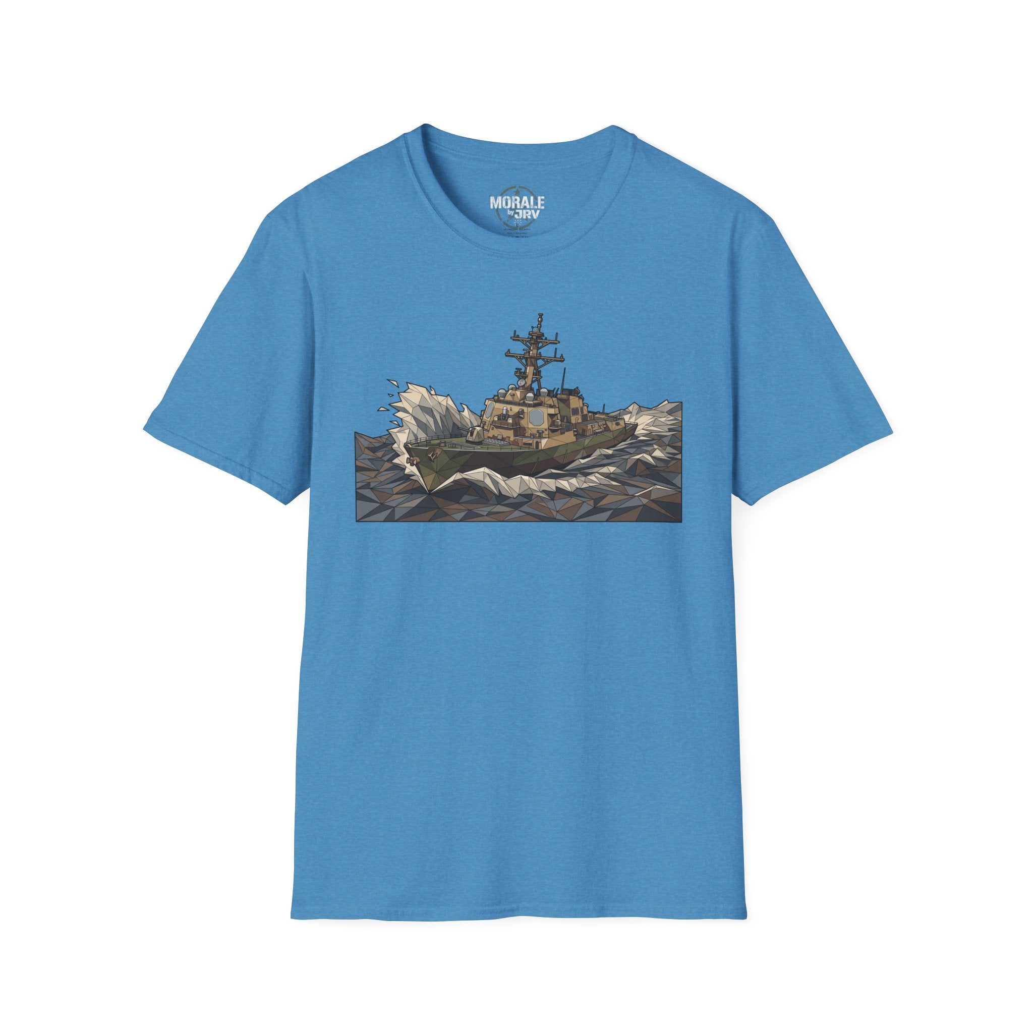 Blue T-shirt with rough seas Coast Guard cutter ship graphic centered on front
