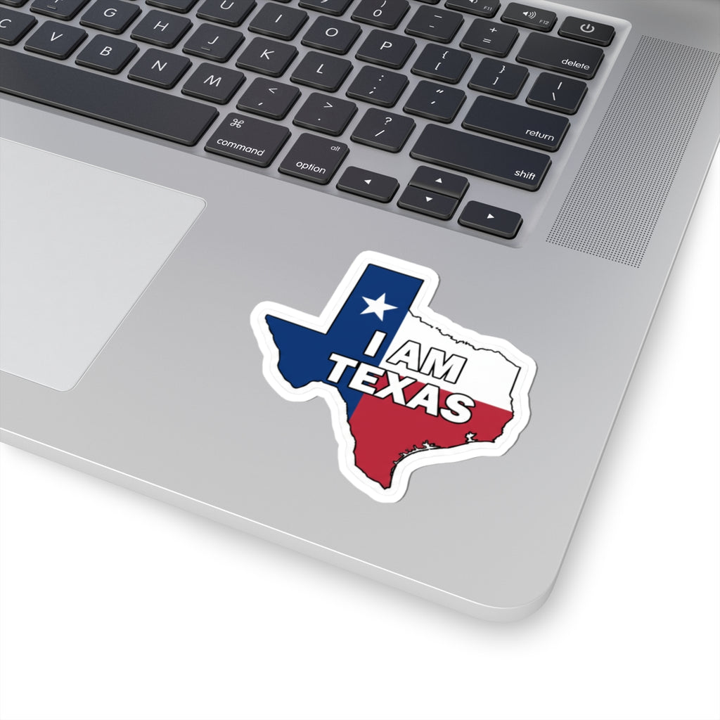 I AM TEXAS Texas outline sticker with blue star and red-and-blue state design