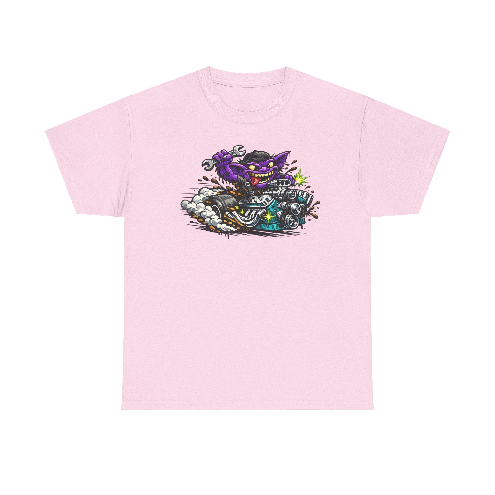 Light pink biker cat graphic T-shirt with grinning cat on a motorcycle