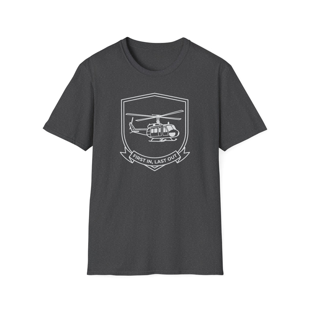 Dark heather T-shirt with white helicopter badge graphic and ribbon “First In, Last Out”.