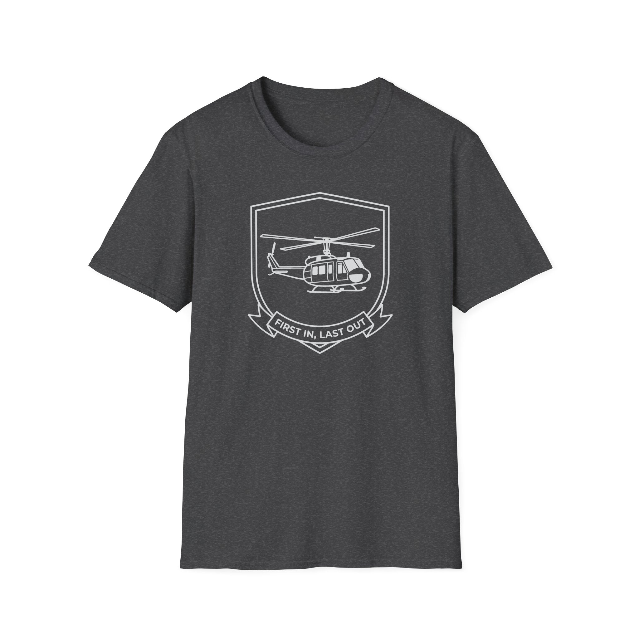 Dark heather T-shirt with white helicopter badge graphic and ribbon “First In, Last Out”.