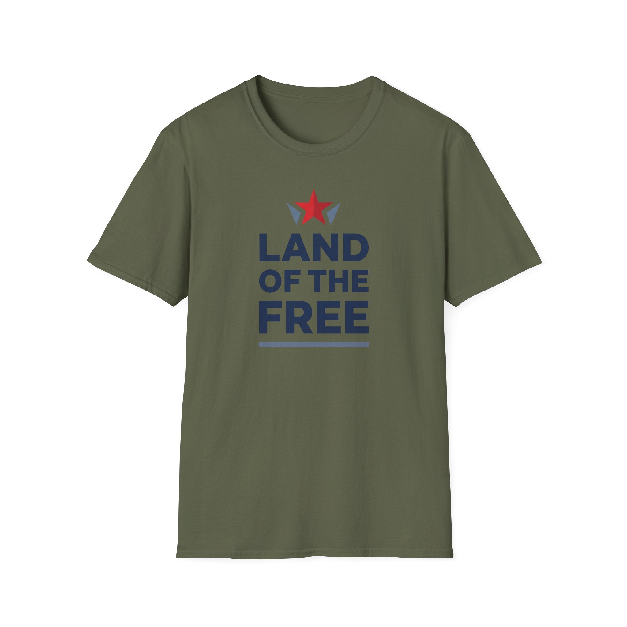 Olive green crew-neck T-shirt featuring a red star over “LAND OF THE FREE”