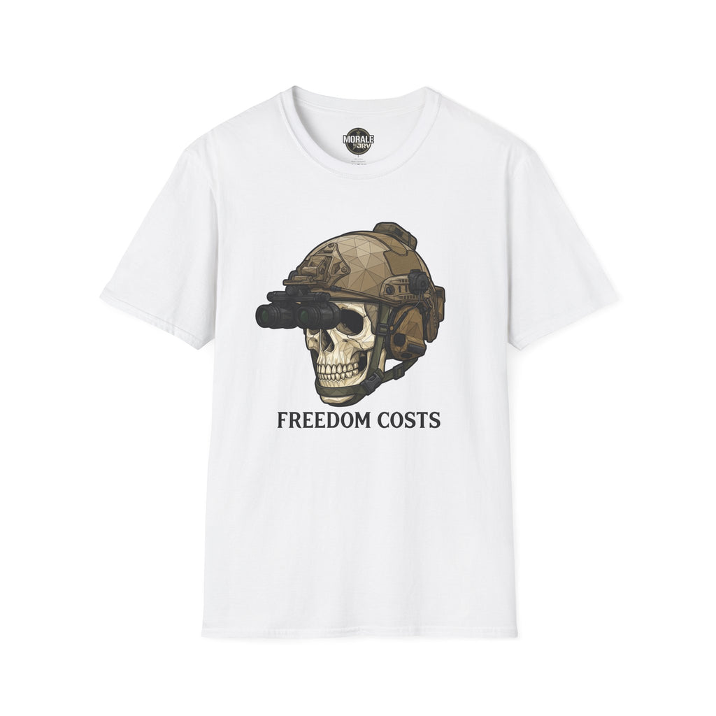 Freedom Costs skull tactical helmet graphic T-shirt, white with NVG goggles