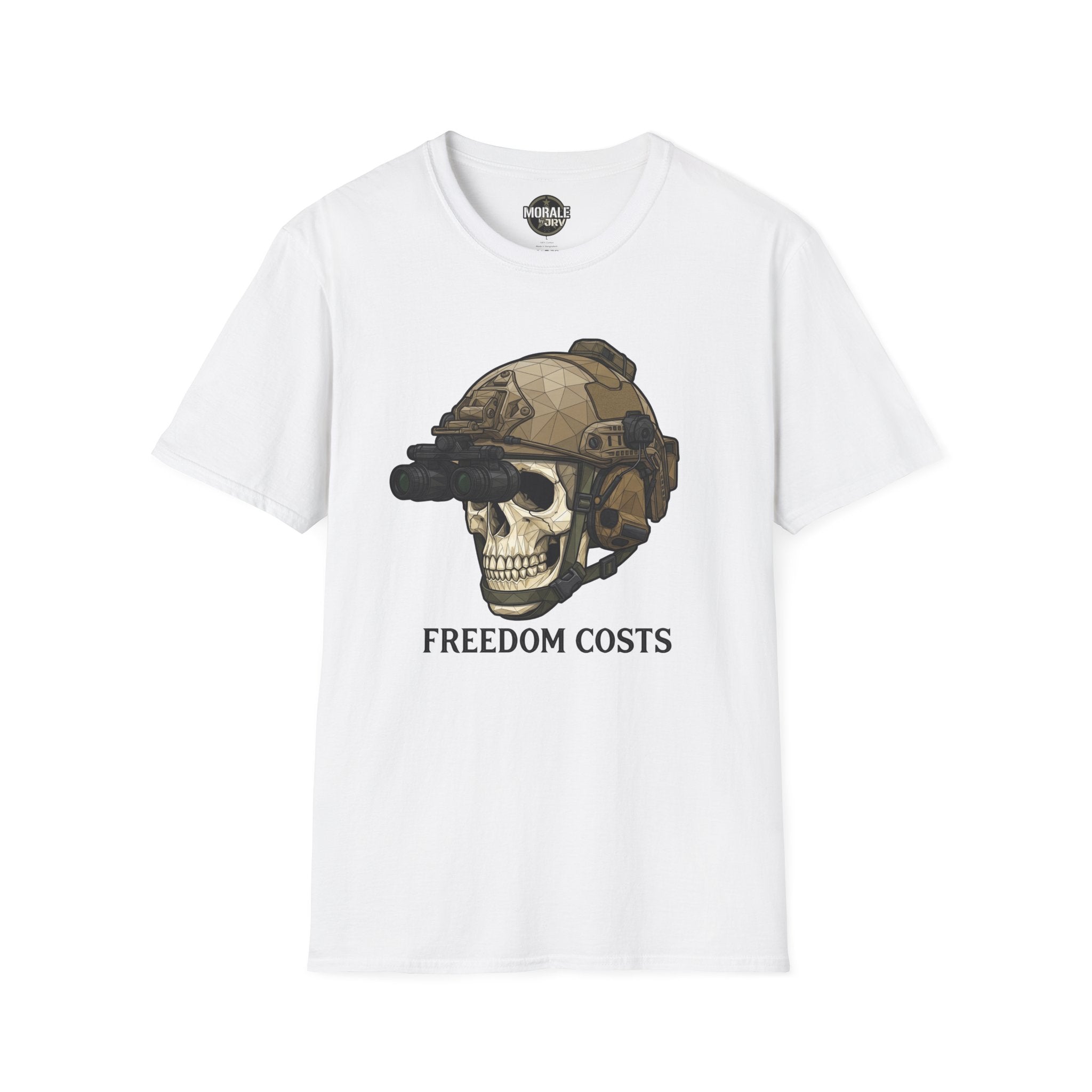 Freedom Costs skull tactical helmet graphic T-shirt, white with NVG goggles