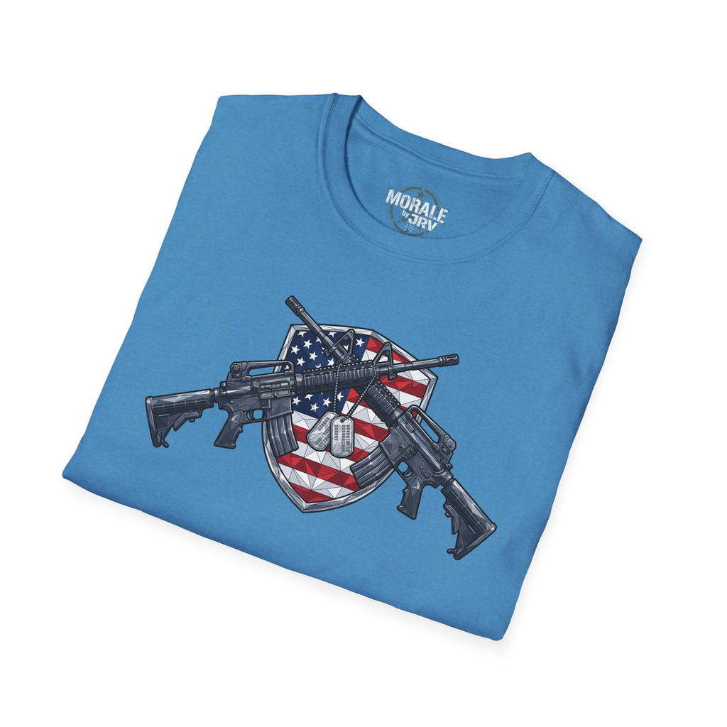 Light blue T-shirt folded view showing shield flag and rifles artwork