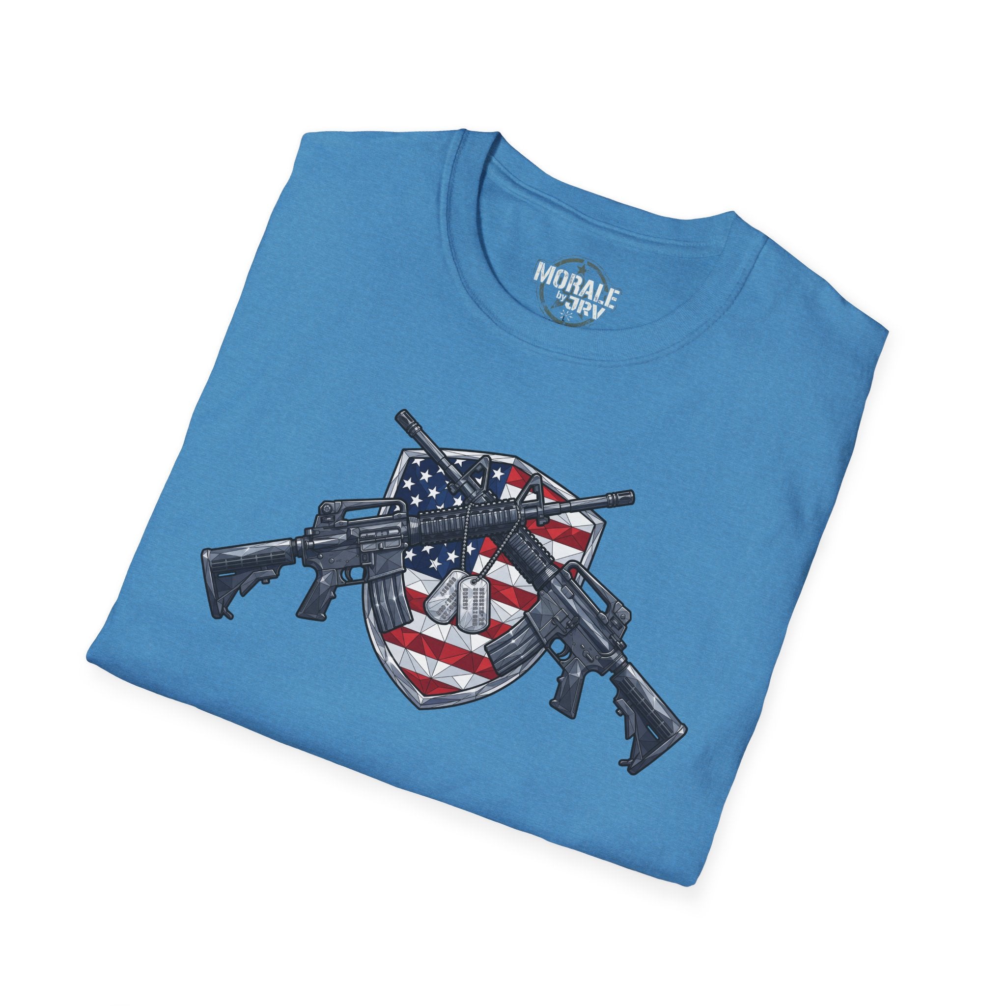 Light blue T-shirt folded view showing shield flag and rifles artwork