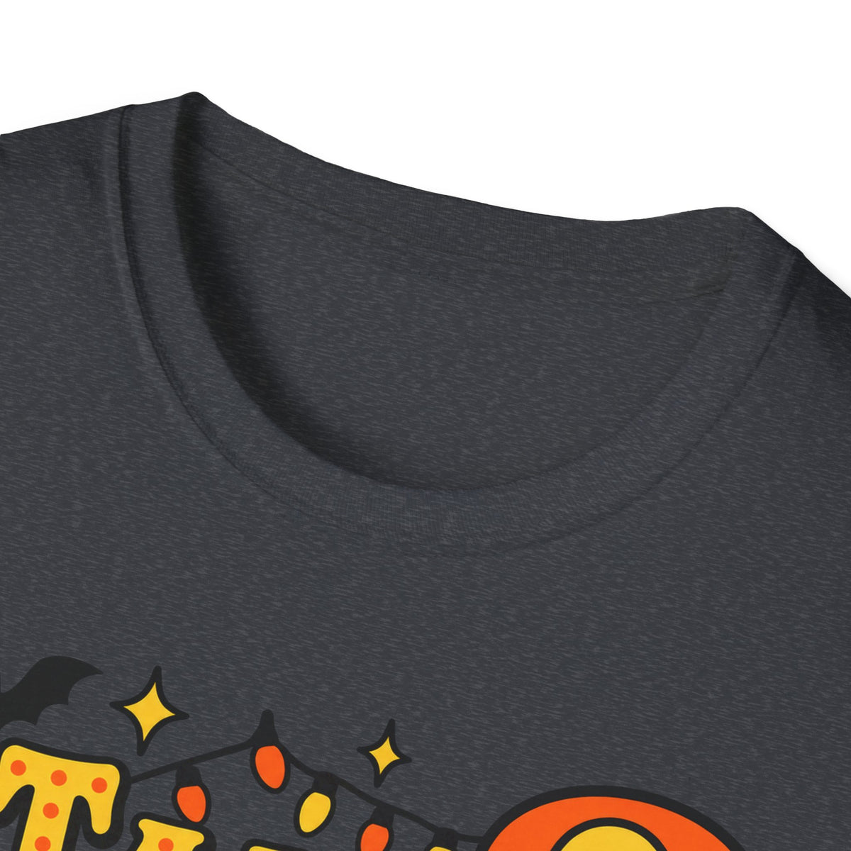 Charcoal t-shirt neckline and partial 'Talk Spooky' ghost graphic