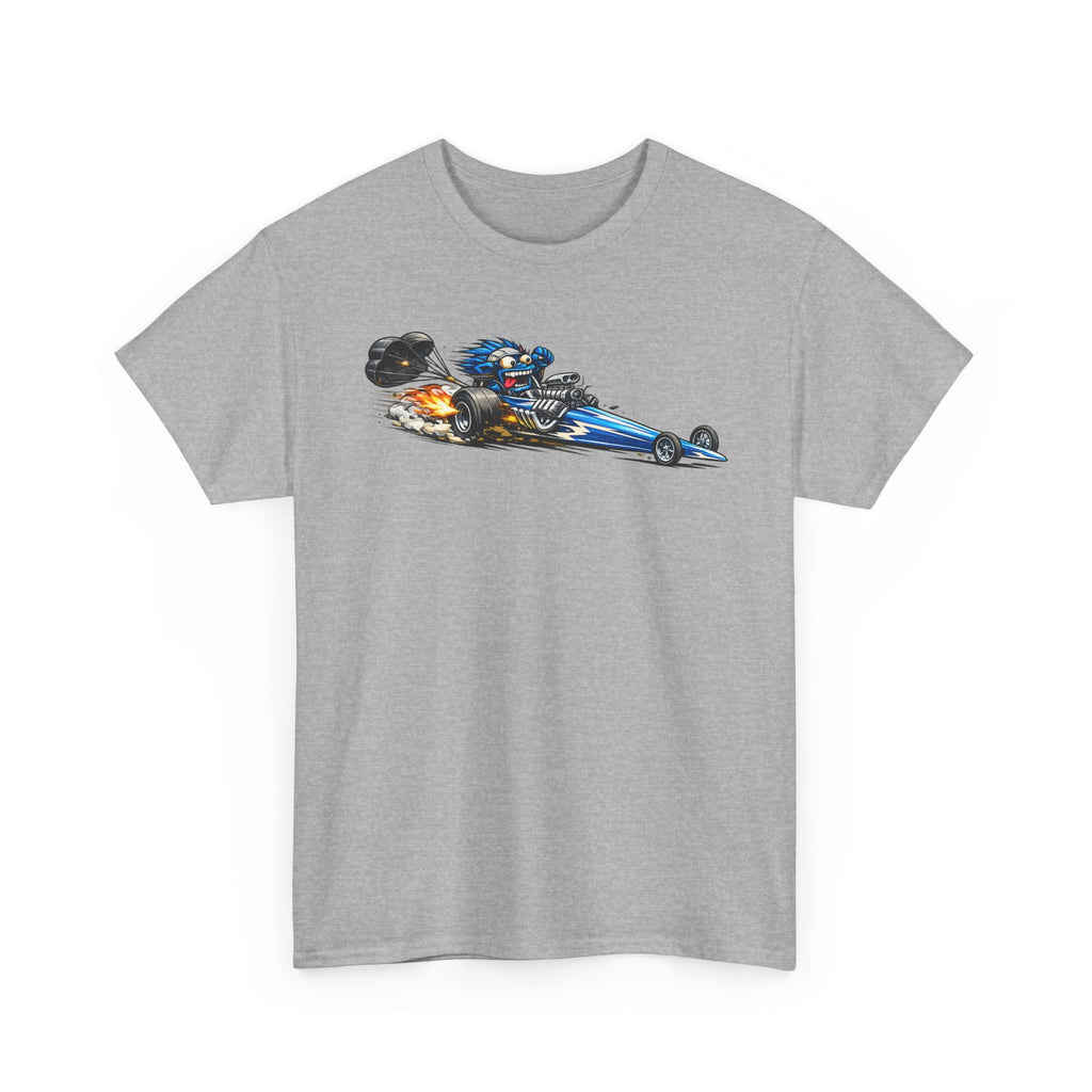 Unisex heather gray T-shirt with flaming dragster graphic on front