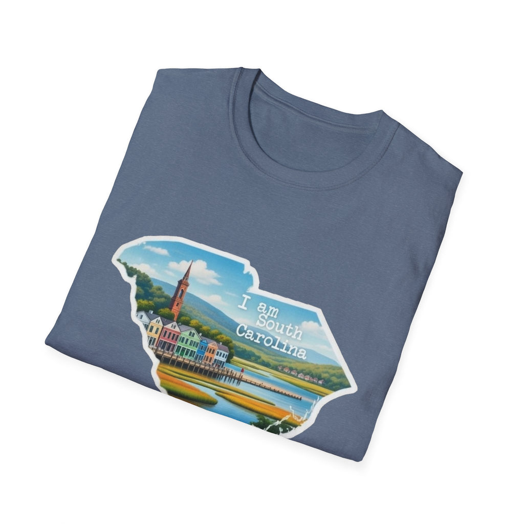South Carolina T-shirt, heather blue with “I am South Carolina” skyline lighthouse graphic