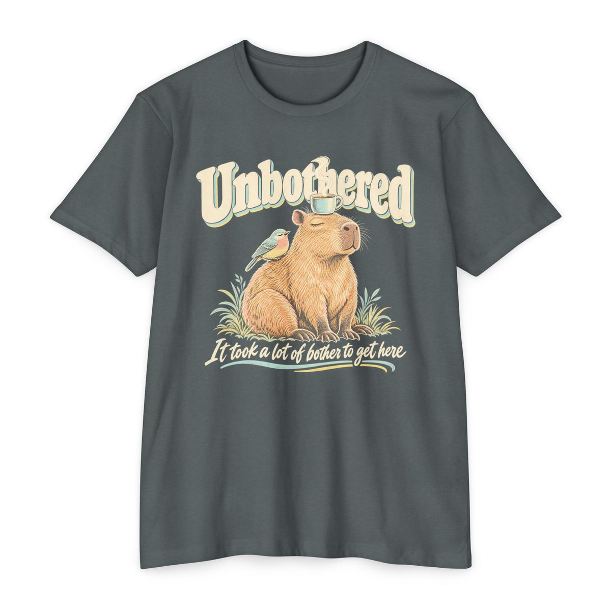 Dark gray T-shirt with unbothered capybara holding a coffee cup graphic