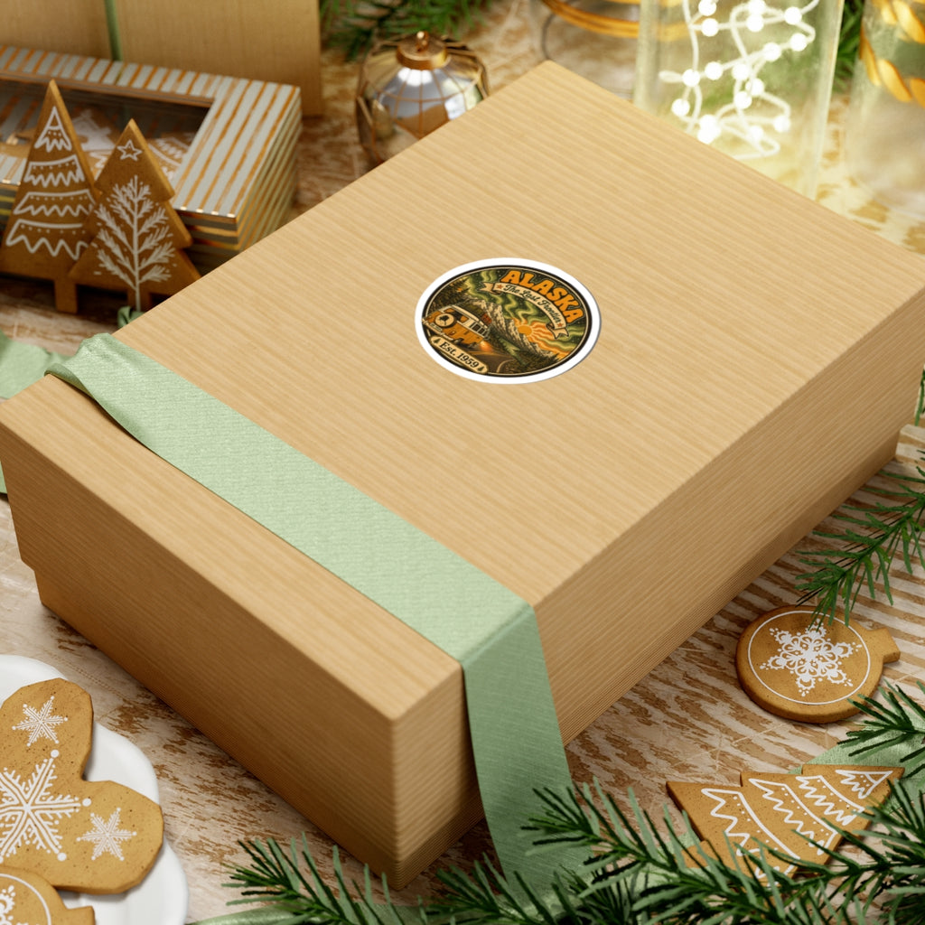 Circular vintage camper van sticker with ALASKA and Est. 1959 on wrapped gift box