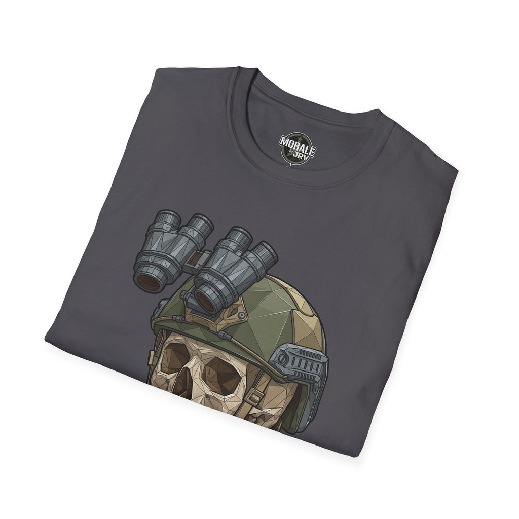 Charcoal T-shirt front graphic: armored helmet with binoculars and barrels