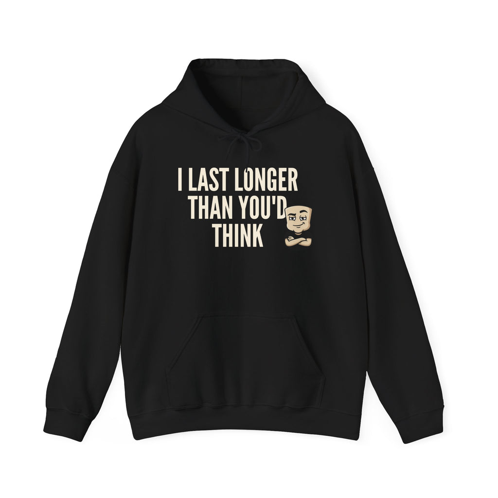 Black hoodie with front pocket and drawstring hood, bearded face graphic on chest.