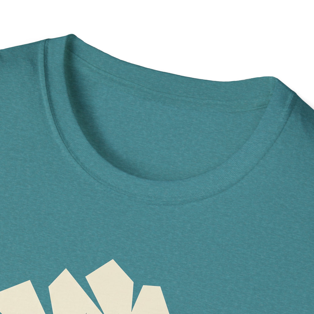 Teal T-shirt close-up of crew neck with top of cream graphic visible