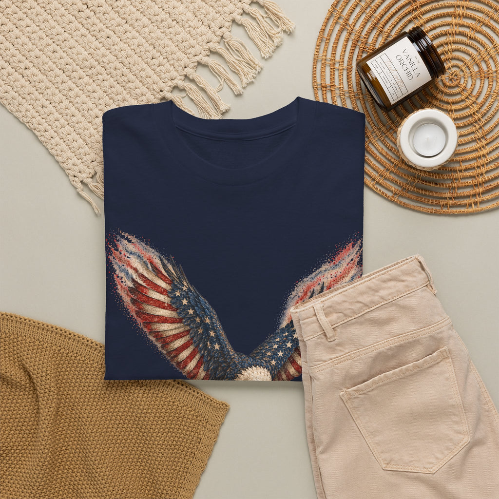 Navy crew-neck T-shirt with patriotic bald eagle wing and flag graphic
