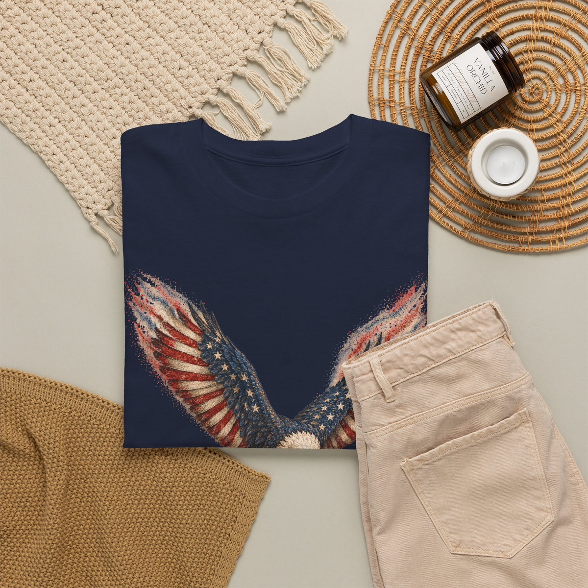 Navy crew-neck T-shirt with patriotic bald eagle wing and flag graphic